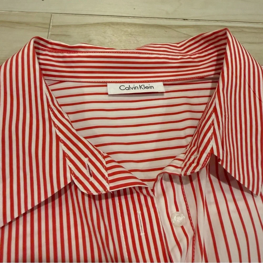 Vintage Calvin Klein Red & White Vertical Stripe Long Sleeve Button Up Size L - Picture 5 of 9